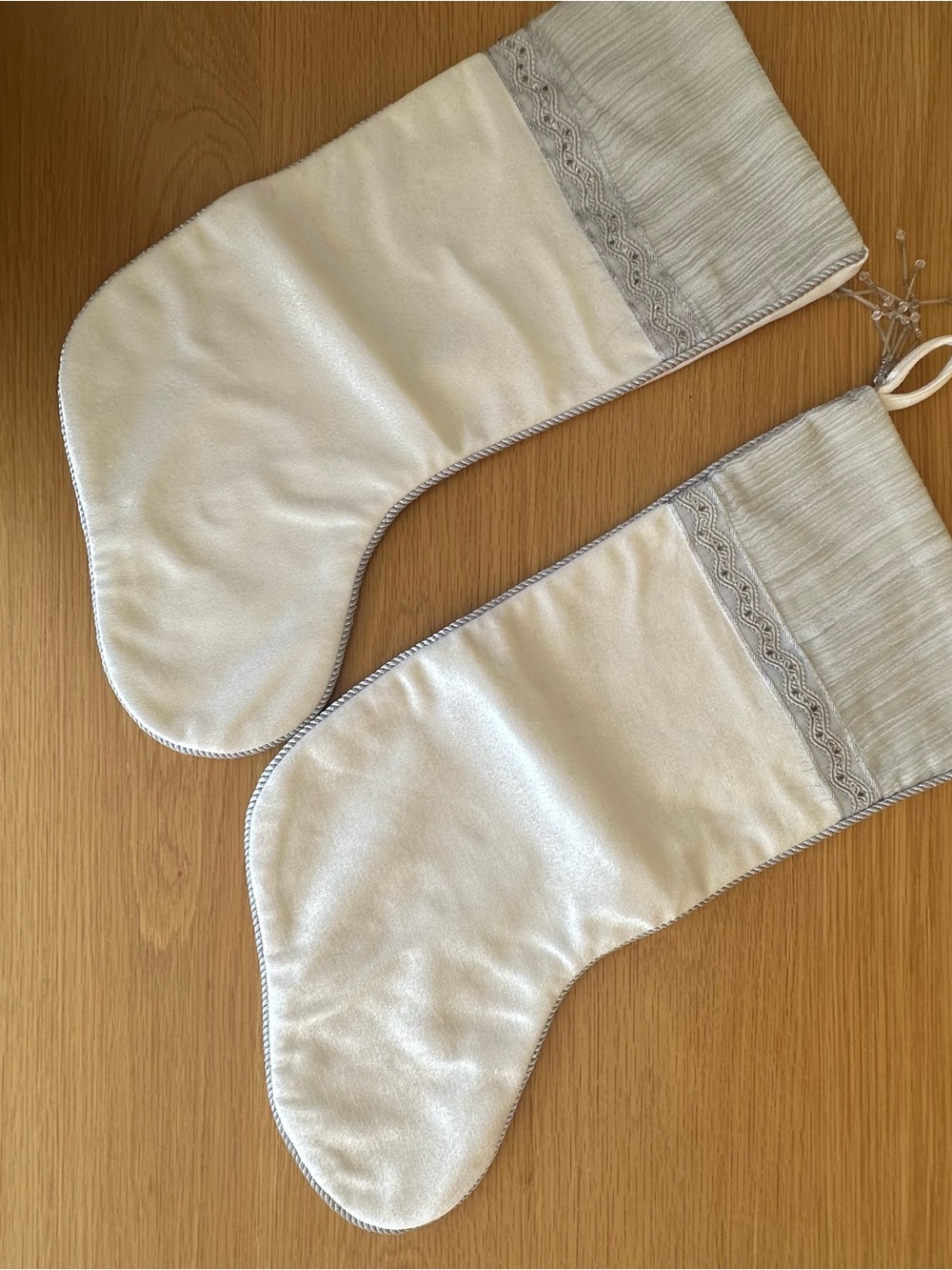 Elegant Cream Holiday Stockings with Silver Trim